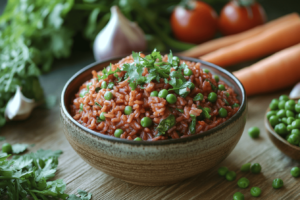 Cooked red rice with fresh herbs and vegetables
