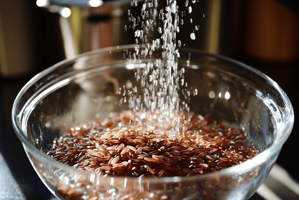 Washing and soaking red rice in a bowl