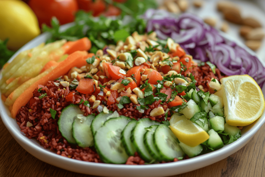 Red rice salad with fresh vegetables and lemon