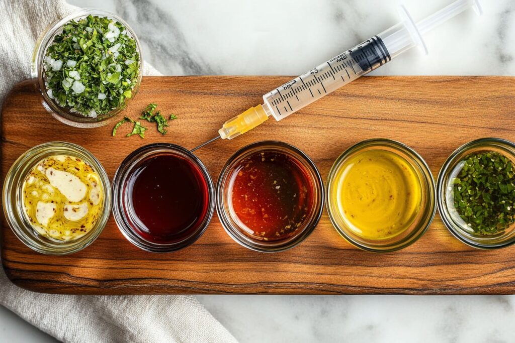 Assorted turkey injection marinades in glass bowls with an injector.