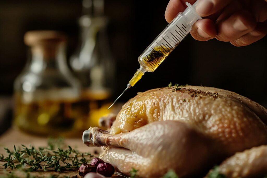 Close-up of a turkey being injected with a buttery marinade.